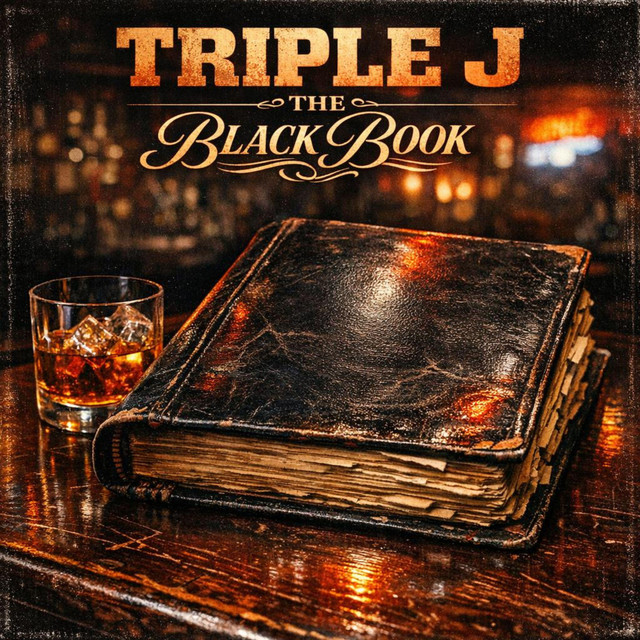 The Black Book album cover: a weathered black leather book beside whiskey in an amber-lit bar