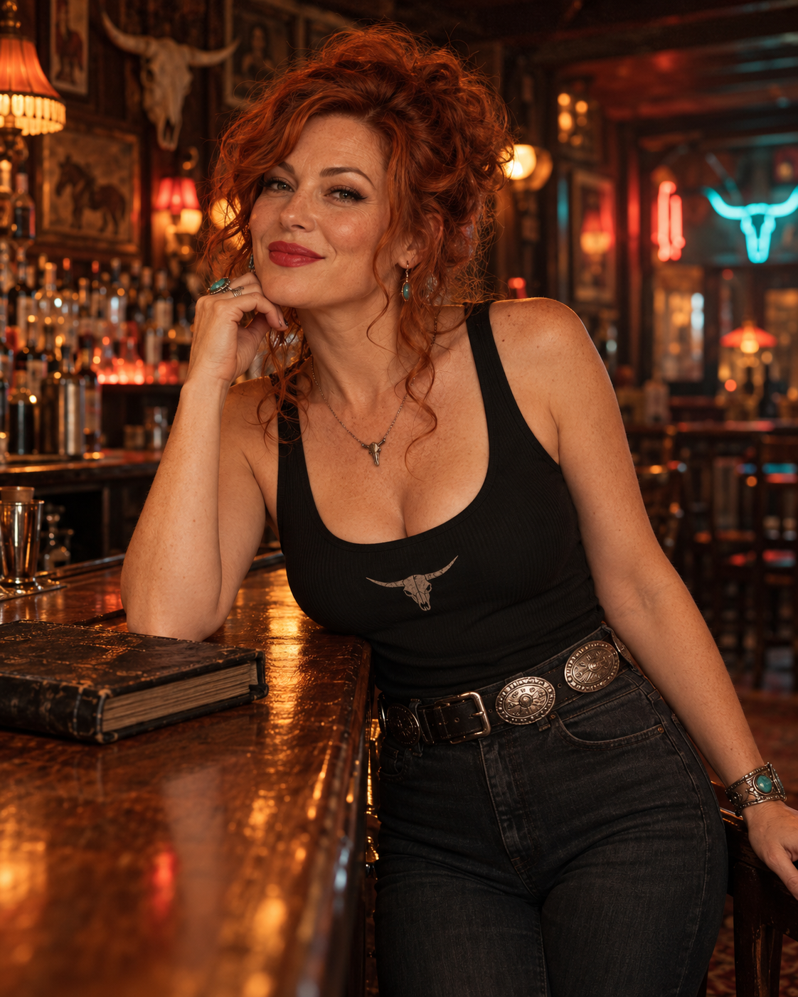 Betty, the red-haired owner of Bowlegged Betty’s, leaning on her oak bar beside a black leather guest book